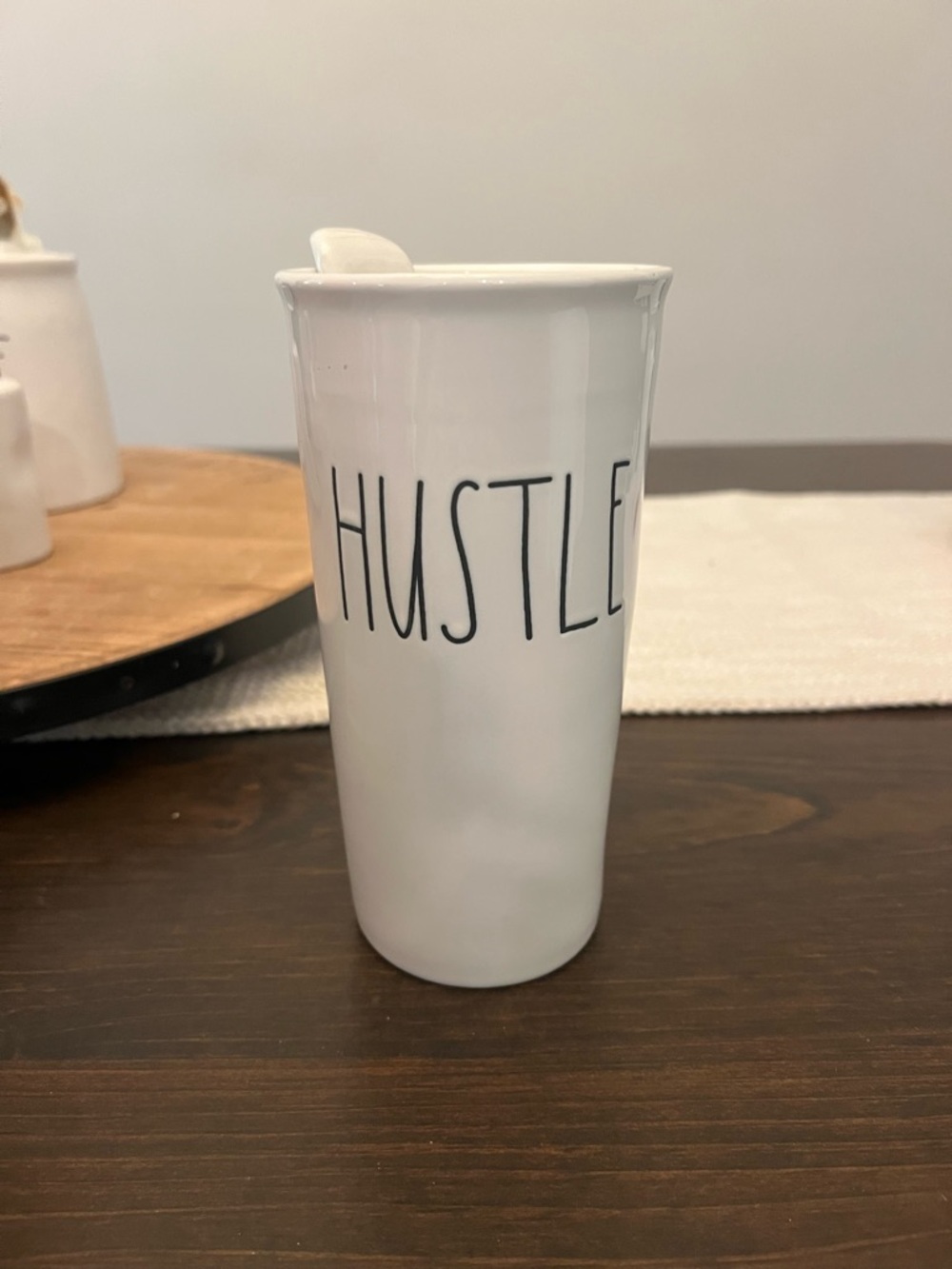 Rae Dunn Hustle White Ceramic Travel Mug with Lid